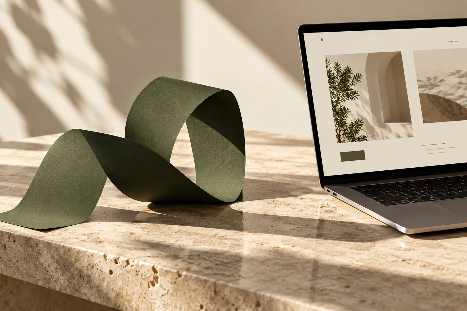 Création web et matières : ordinateur et sculpture de papier vert